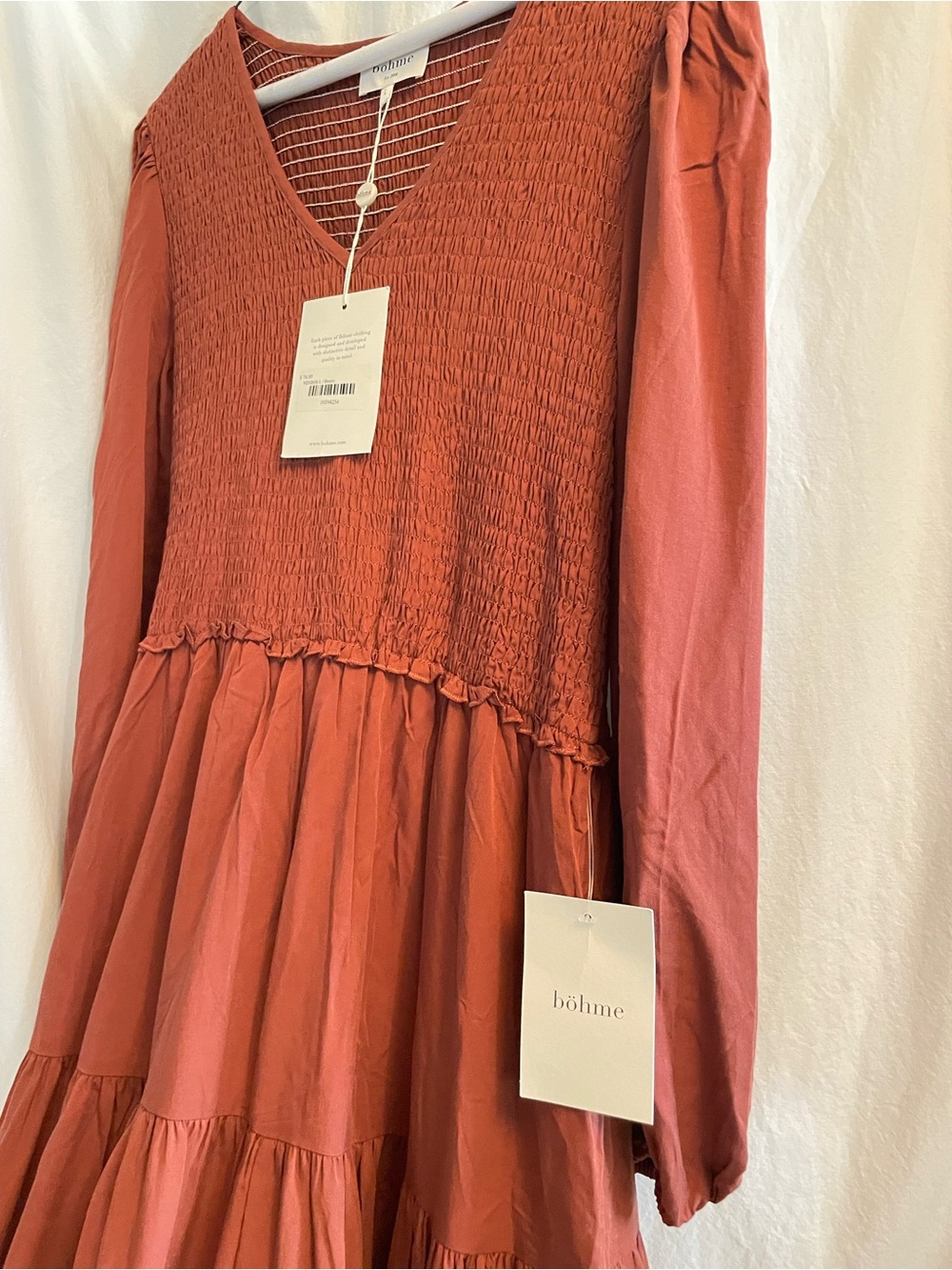 NWT Bohme Rust Smocked Tiered Long Sleeve Dress -M